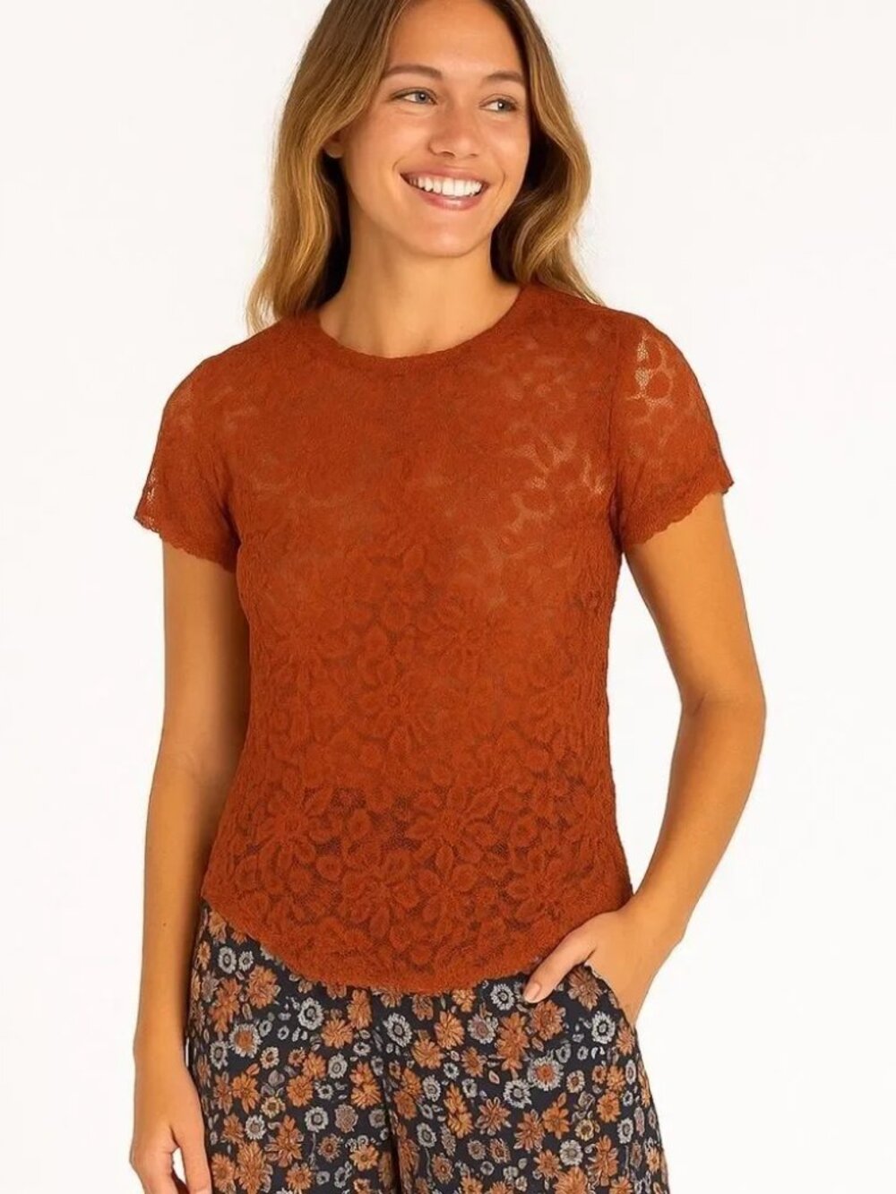 NATURAL LIFE Rust Floral Lace Short Sleeve Top Size M